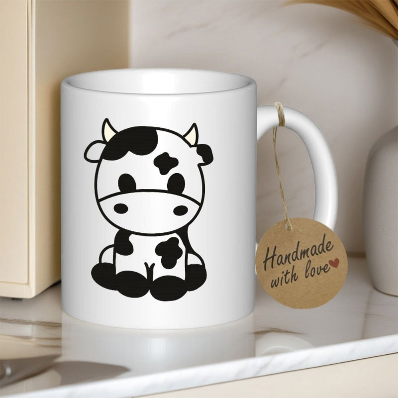 Tailorly White Ceramic 11 oz Mug - Handmade With Love Cute Minimalist Black And White Spotted Cartoon Sitting In Serene Pose Cow