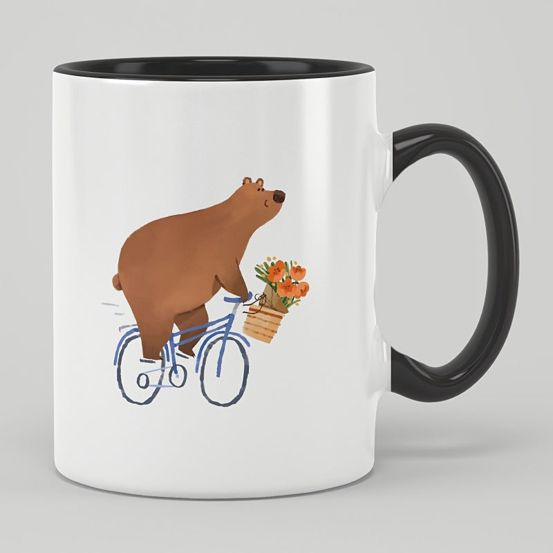 Tailorly Black Accent 11 oz Mug - riding bicycle little bear pattern