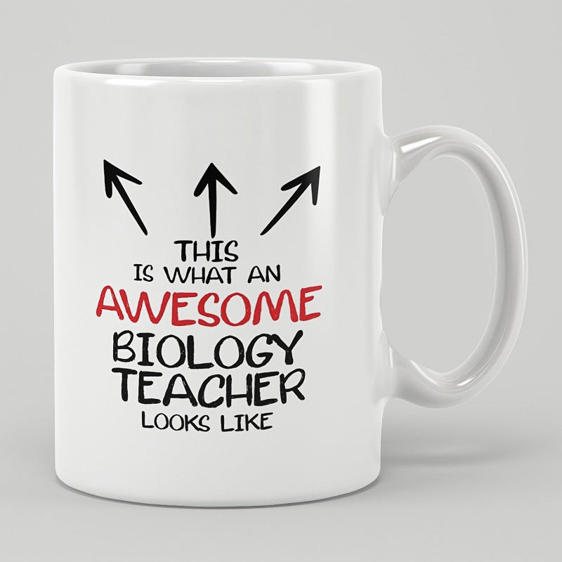 Tailorly White Ceramic 11 oz Mug - This Is What An Awesome Biology Teacher Looks Like Three Minimalist Black Hand Drawn Pointing Symbols Above Creative Lettering