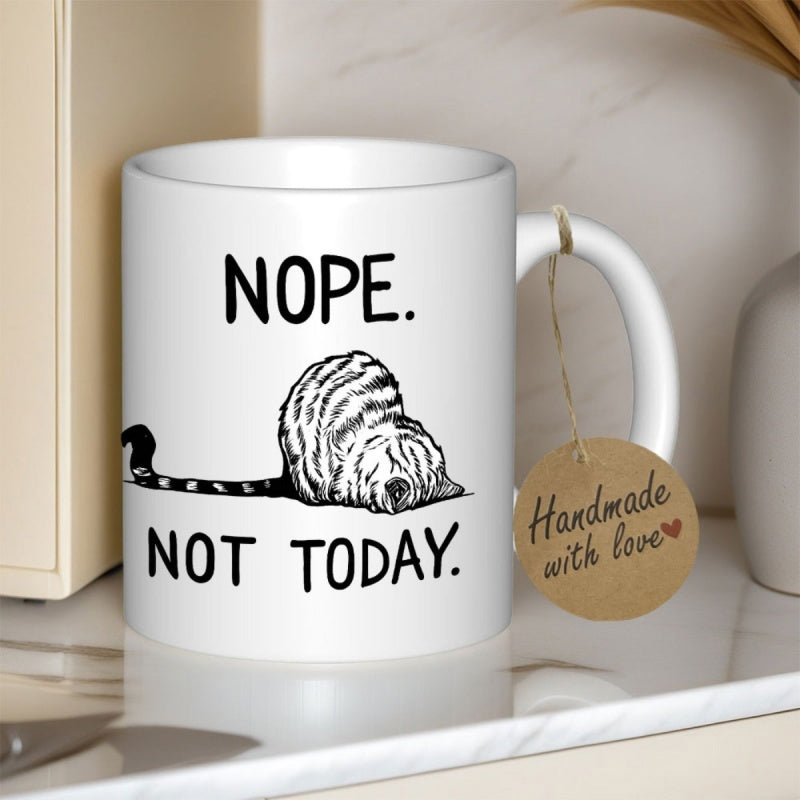 Tailorly White Ceramic 11 oz Mug - Nope Not Today Lazy Striped Tabby Cat Lying Down And Sleeping Peacefully Cat