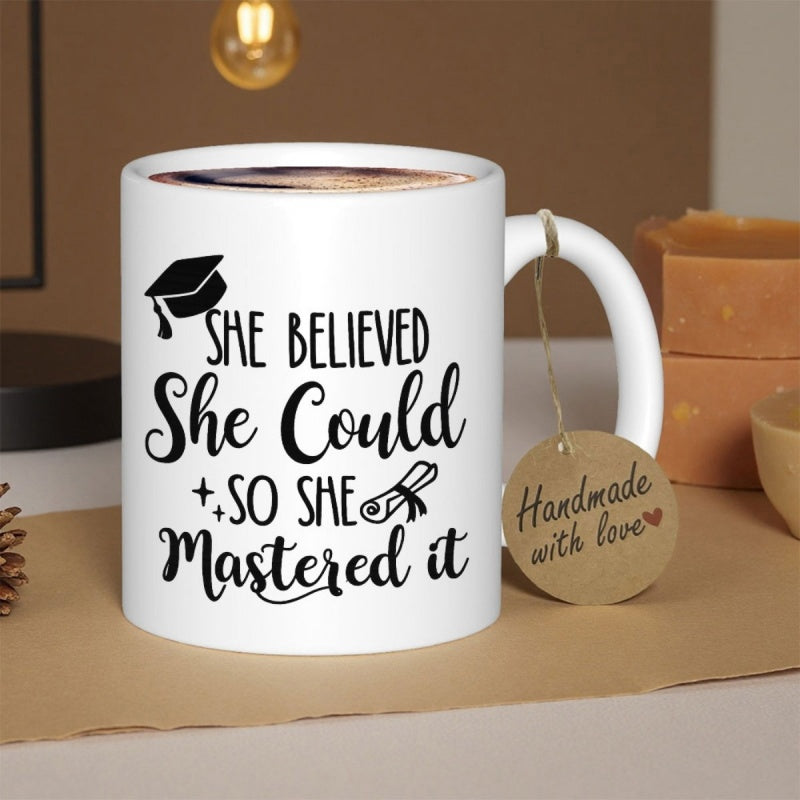 Tailorly White Ceramic 11 oz Mug - She Believed She Could So She Mastered It Minimalist Graduation Icons Surrounded By Delicate Stars On