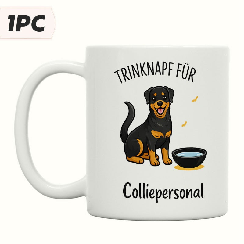 Tailorly White Ceramic 11 oz Mug - Happy Cartoon Rottweiler Sitting Beside A Full Black Water Bowl Dog