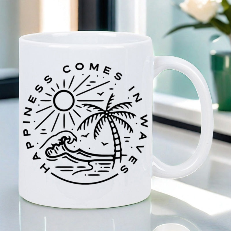 Tailorly White Ceramic 11 oz Mug - Happiness Comes In Waves Minimalist Black Line Art Beach Scene With Sun Palms And Ocean Mug
