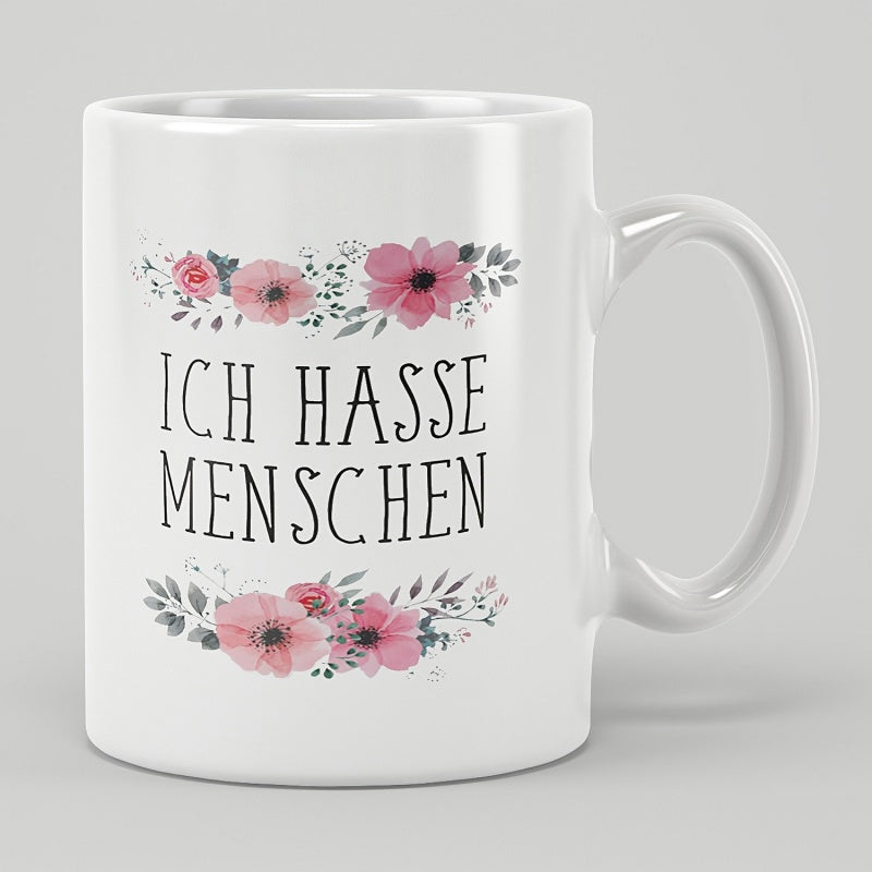 Tailorly White Ceramic 11 oz Mug - Blooming Pink Watercolor Blossoms Surrounded By Gray Leaves Elegant Floral Flower
