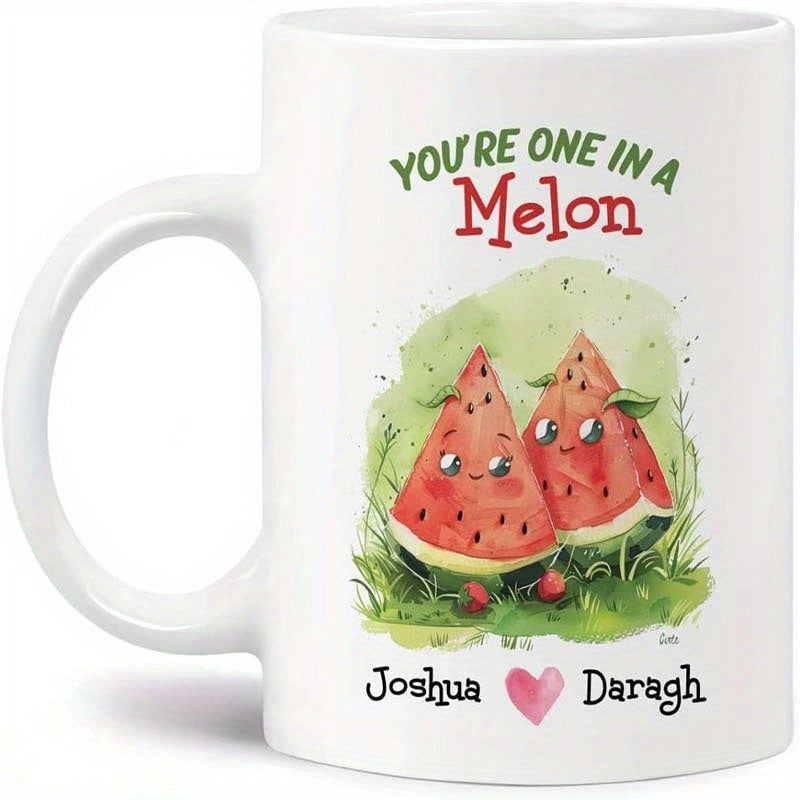 Tailorly White Ceramic 11 oz Mug - Youre One In A Melon Joshua Daragh Two Cute Watercolor Slices Sitting In Lush Green Summer Grass Watermelon