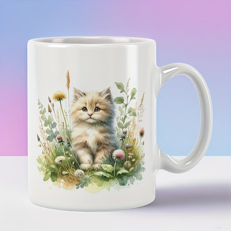 Tailorly White Ceramic 11 oz Mug - Adorable Watercolor Fluffy Kitten Sitting Amidst Wildflowers And Lush Meadow Cat