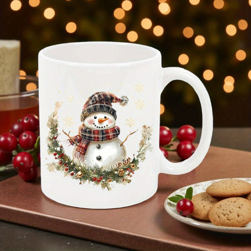 Tailorly White Ceramic 11 oz Mug - Adorable Holiday Wreath Surrounded By Red Berries And Festive Plaid Snowman