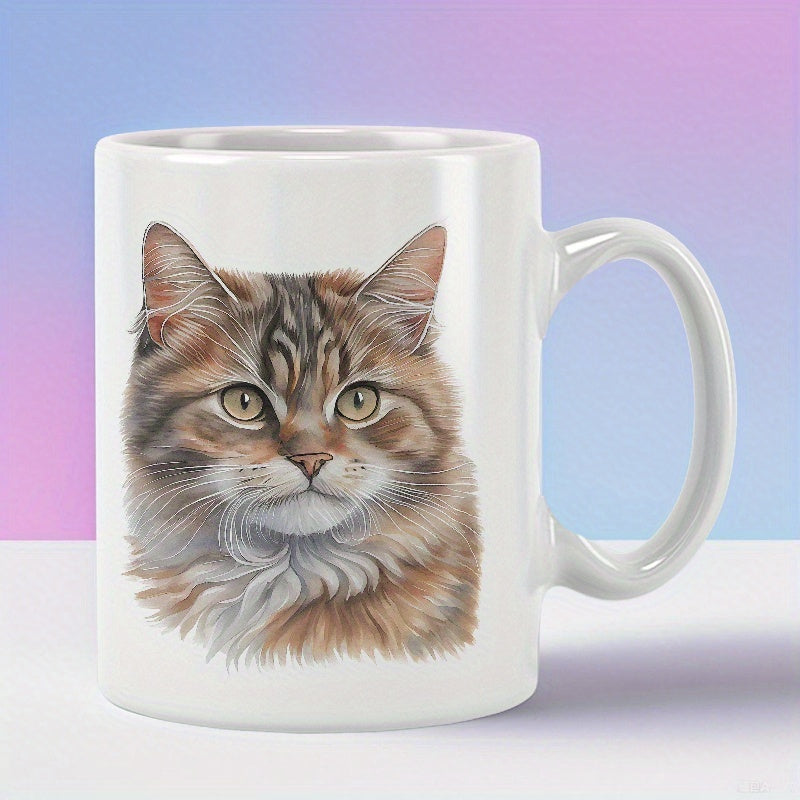 Tailorly White Ceramic 11 oz Mug - Realistic Furry Feline Portrait With Detailed Brown Tabby Patterns Fluffy Cat