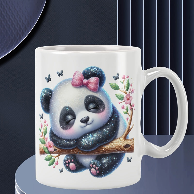 Tailorly White Ceramic 11 oz Mug - Adorable Cartoon Animal Sleeping On Tree Branch Among Cherry Blossoms Panda