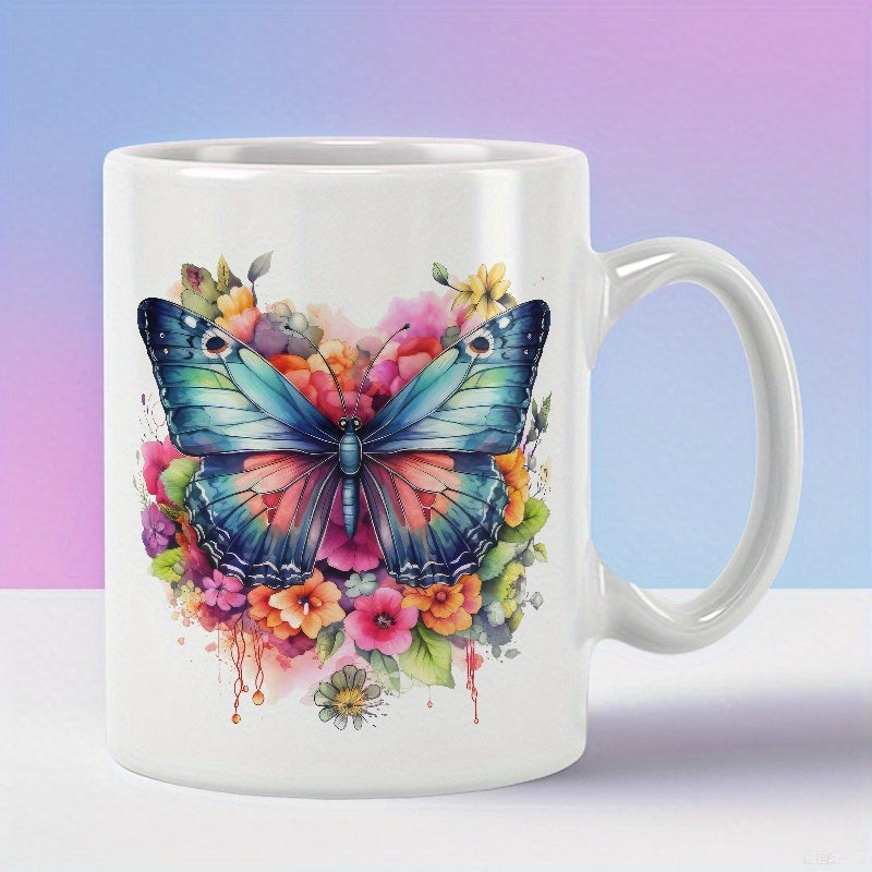 Tailorly White Ceramic 11 oz Mug - Elegant Blue Wings Resting On Vibrant Colorful Watercolor Flowers Butterfly