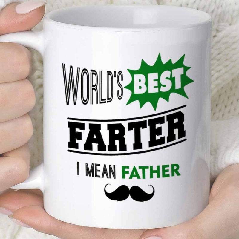 Tailorly White Ceramic 11 oz Mug - Worlds Best Farter I Mean Father Simple White Surface With Green Burst And Black Mustache Mug
