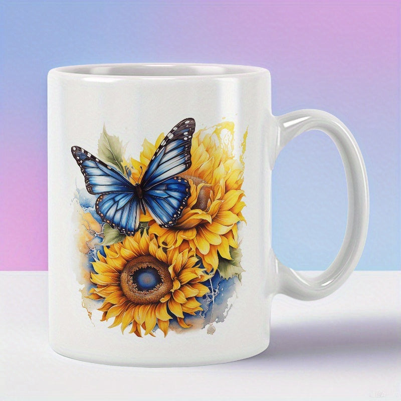 Tailorly White Ceramic 11 oz Mug - Vibrant Blue Wings Resting Among Golden Petals Of Summer Sunflowers Butterfly