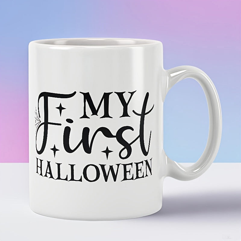 Tailorly White Ceramic 11 oz Mug - My First Halloween Minimalist Decorative Text Design With Elegant Cursive Script And Sparkles Halloween