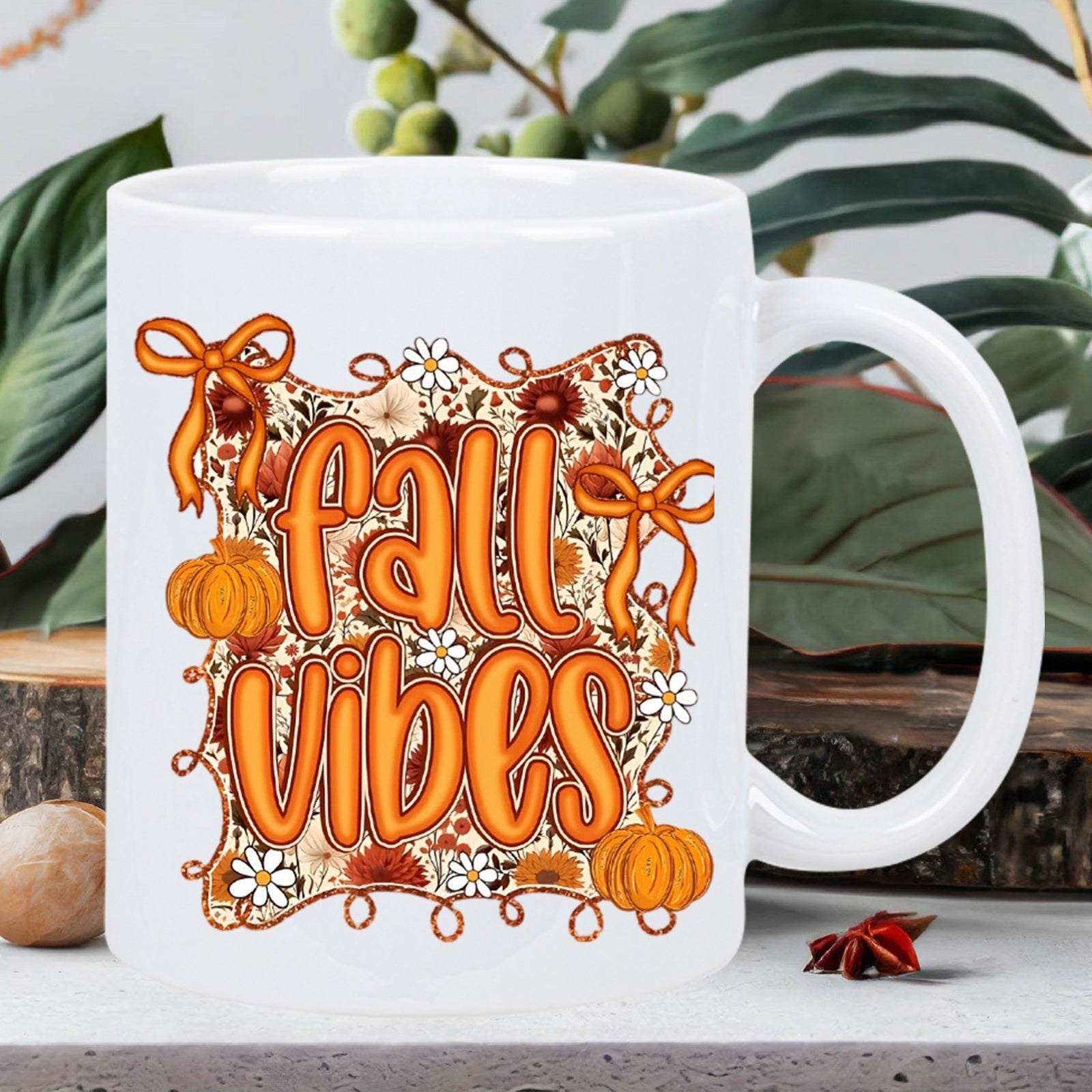 Tailorly White Ceramic 11 oz Mug - Fall Vibes Retro Floral Pattern Featuring Autumn Pumpkins And Elegant Ribbons Wavy Frame Mug