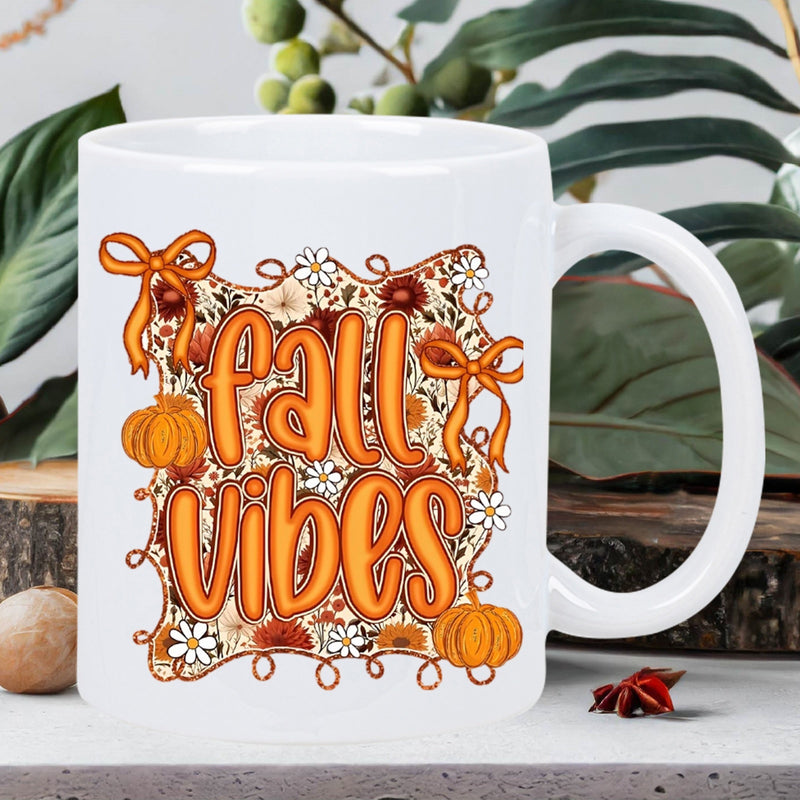 Tailorly White Ceramic 11 oz Mug - Fall Vibes Retro Floral Pattern Featuring Autumn Pumpkins And Elegant Ribbons Wavy Frame Mug