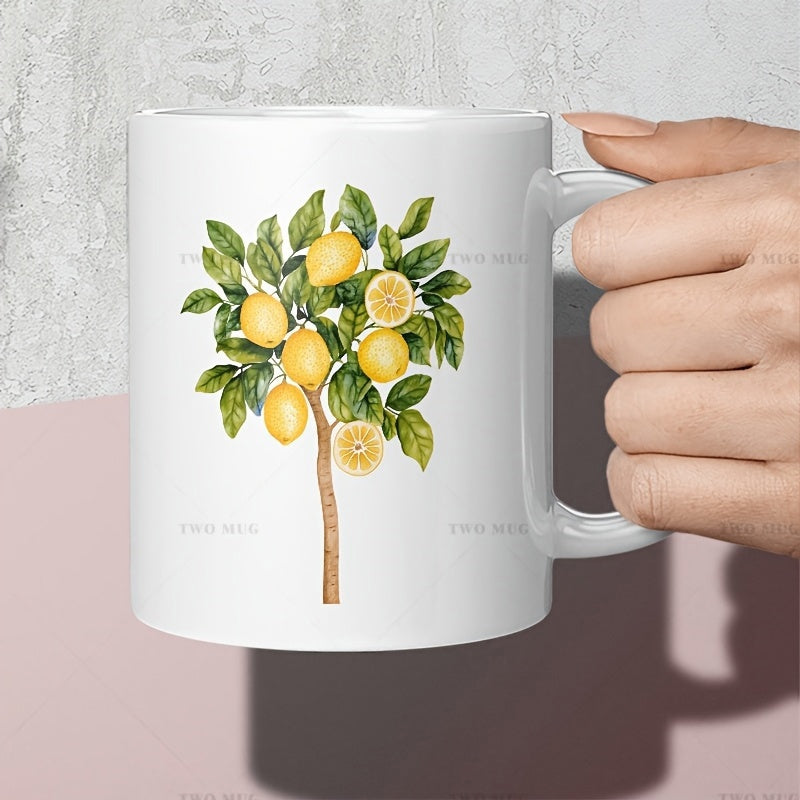 Tailorly White Ceramic 11 oz Mug - This Mug Botanical Lemon Branch With Vibrant Green Leaves And Yellow Fruit Tree