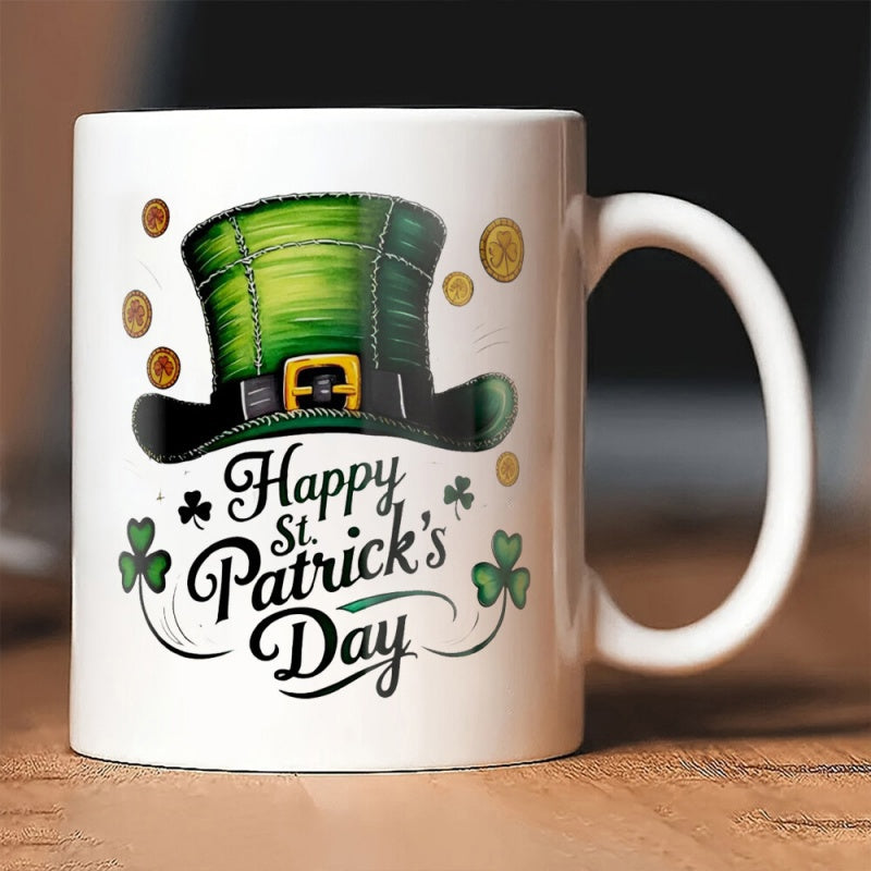 Tailorly White Ceramic 11 oz Mug - Happy St Patricks Day Traditional Green Leprechaun Top Hat Featuring Golden Floating Coins And Shamrocks Hat