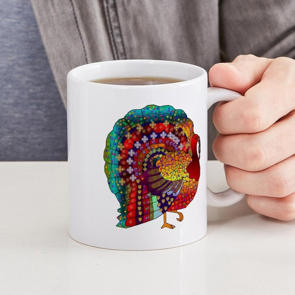 Tailorly White Ceramic 11 oz Mug - Artistic Colorful Mandala Pattern Thanksgiving Festive Decorative Intricate Vibrant Folk Style Turkey