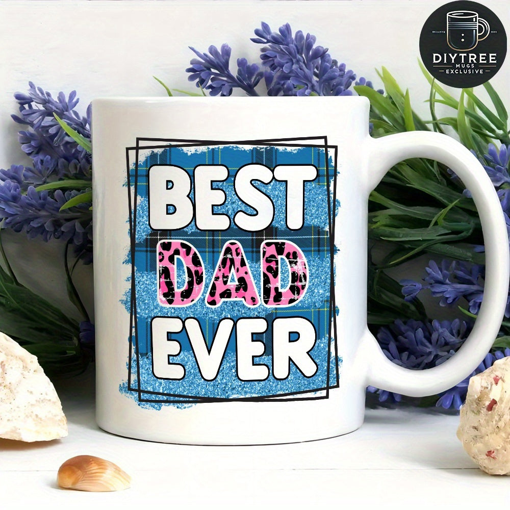 Tailorly White Ceramic 11 oz Mug - Best Dad Ever Blue Glitter Plaid Pattern With Leopard Print Stylish Text Sign
