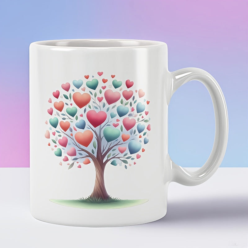 Tailorly White Ceramic 11 oz Mug - Artistic Blossoming Branches Featuring Vibrant Colorful Heart Shaped Leaves Sturdy Tree