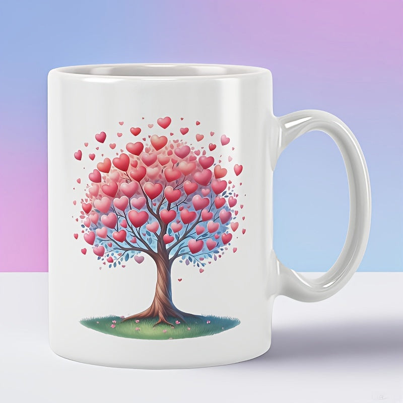 Tailorly White Ceramic 11 oz Mug - Whimsical Radiant Pink Heart Shaped Leaves Growing From A Gentle Grassy Meadow Tree