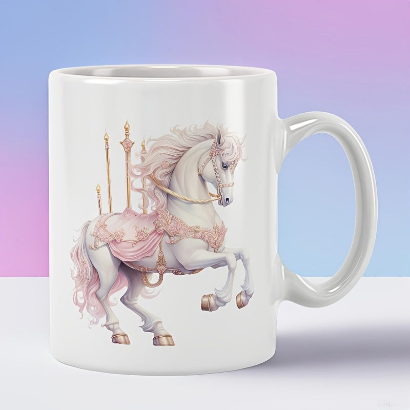 Tailorly White Ceramic 11 oz Mug - Majestic Elegant Pink Mane White Carousel With Golden Harness Horse