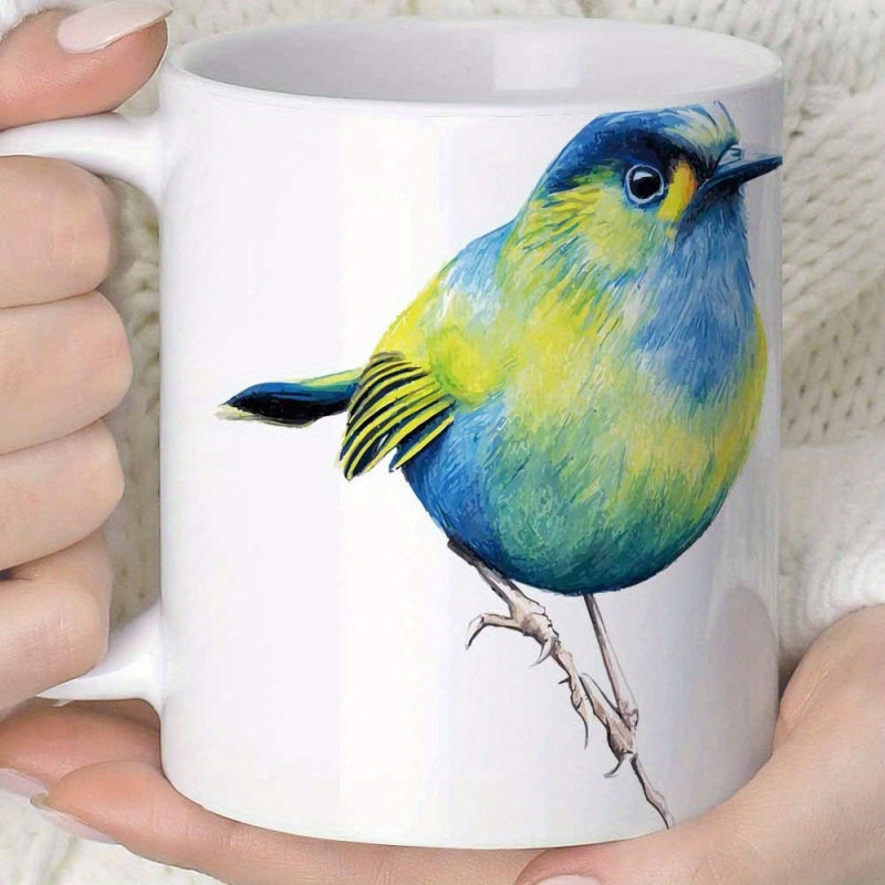 Tailorly White Ceramic 11 oz Mug - Vibrant Blue And Yellow Songbird Perching Calmly On A Slender Branch Bird