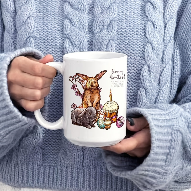Tailorly White Ceramic 11 oz Mug - Happy Easter Adorable Fluffy Rabbits Among Colorful Easter Eggs And Spring Floral Branches Rabbit