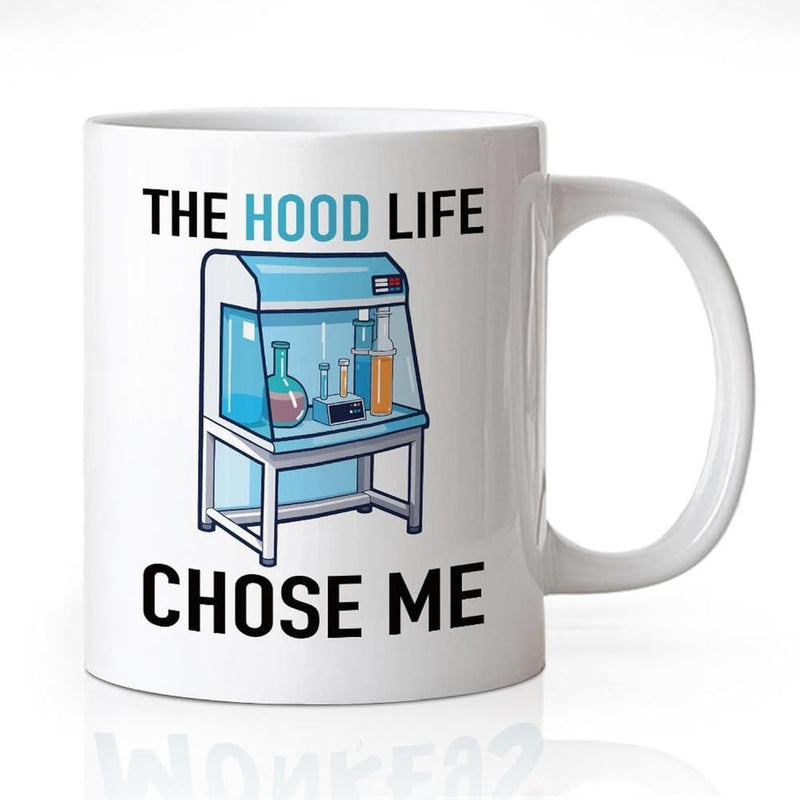 Tailorly White Ceramic 11 oz Mug - The Hood Life Chose Me Scientific Laboratory Equipment Featuring Blue Glass And Chemical Glass Beakers Fume Hood