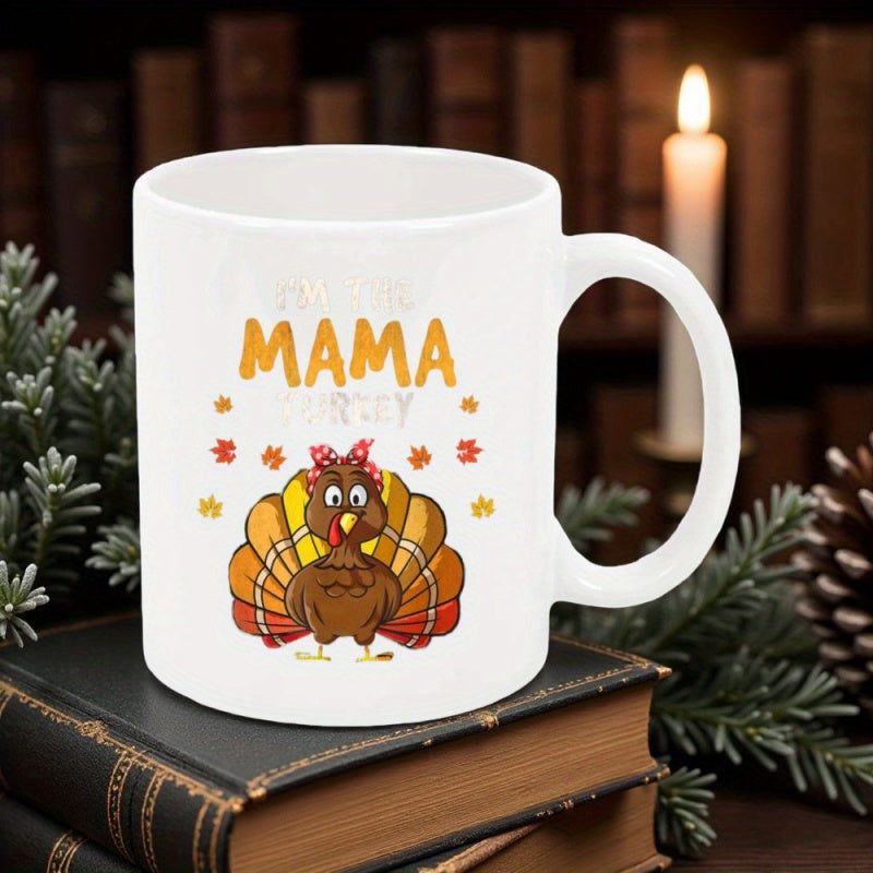 Tailorly White Ceramic 11 oz Mug - Mama Turkey Adorable Cartoon Bird Wearing Polka Dot Headband With Leaves Turkey