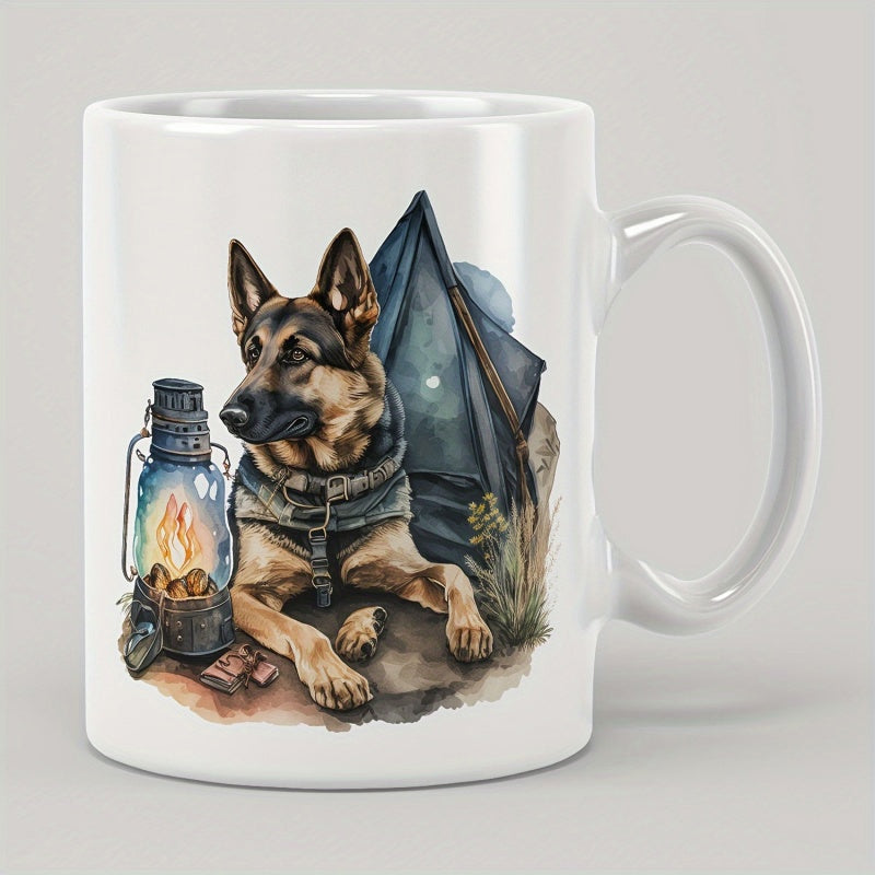 Tailorly White Ceramic 11 oz Mug - Loyal German Shepherd Resting Beside A Glowing Lantern And Camping Tent Dog