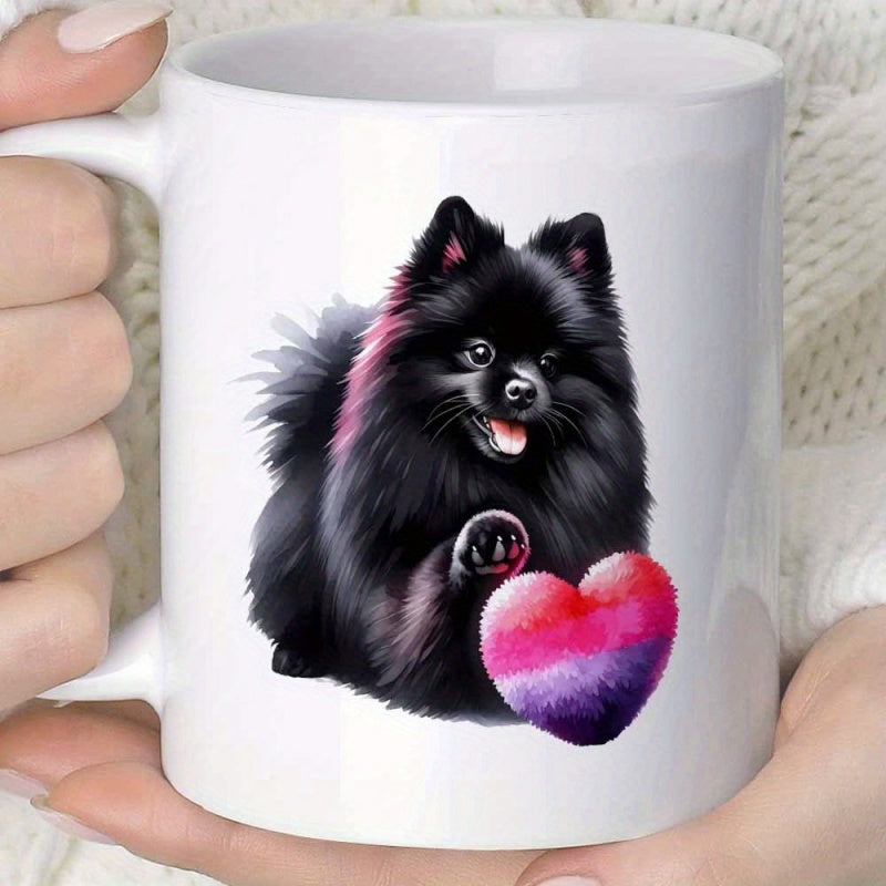 Tailorly White Ceramic 11 oz Mug - Cute Fluffy Black Furry Pomeranian Sitting With A Colorful Heart Dog