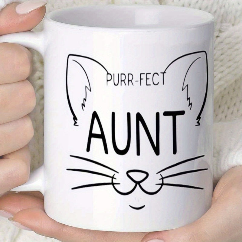 Tailorly White Ceramic 11 oz Mug - Purr-fect Aunt Minimalist Black Line Art Silhouette Of A Feline With Whiskers Cat