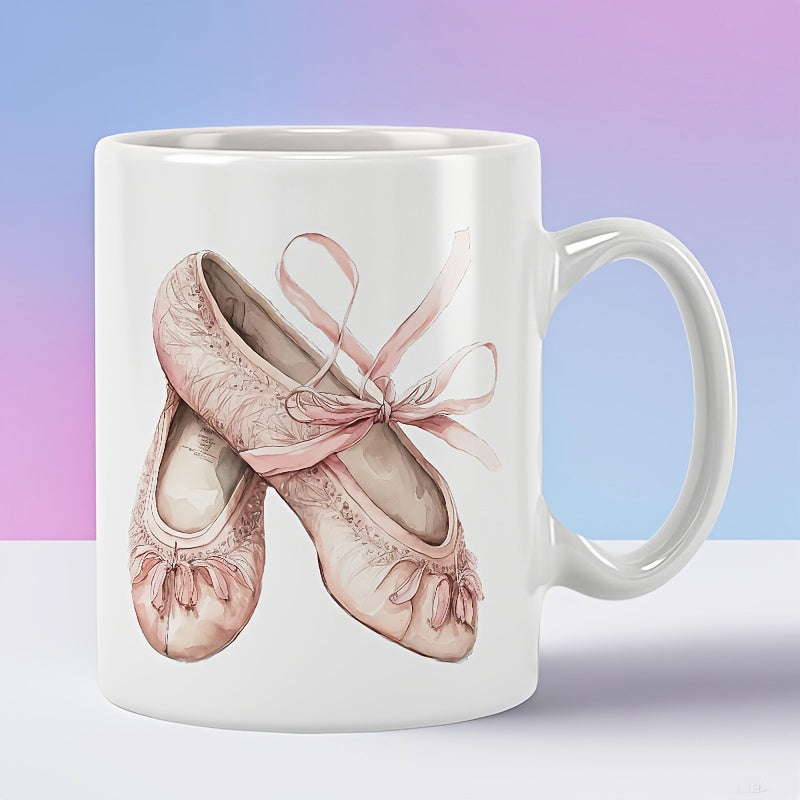 Tailorly White Ceramic 11 oz Mug - Elegant Pink Watercolor Ribbons Tied Gracefully On Artistic Silk Shoes