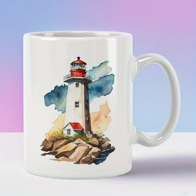 Tailorly White Ceramic 11 oz Mug - Watercolor Artistic Painting Of A Scenic Coastal View With Rocky Shoreline Lighthouse