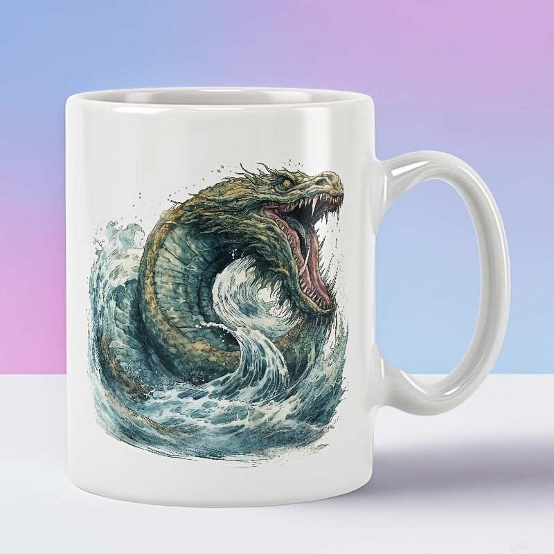 Tailorly White Ceramic 11 oz Mug - Powerful Ancient Mythical Creature Emerging From Crashing Blue Ocean Waves Serpent
