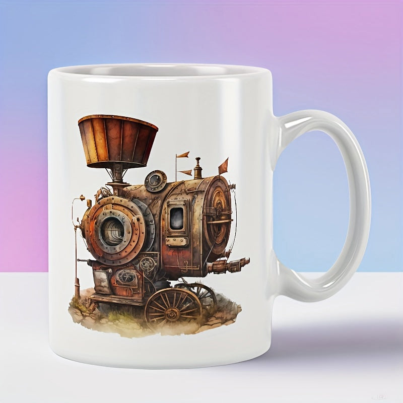 Tailorly White Ceramic 11 oz Mug - Vintage Steampunk Mechanical Parts With Rusty Metal Gears On A Classic Locomotive