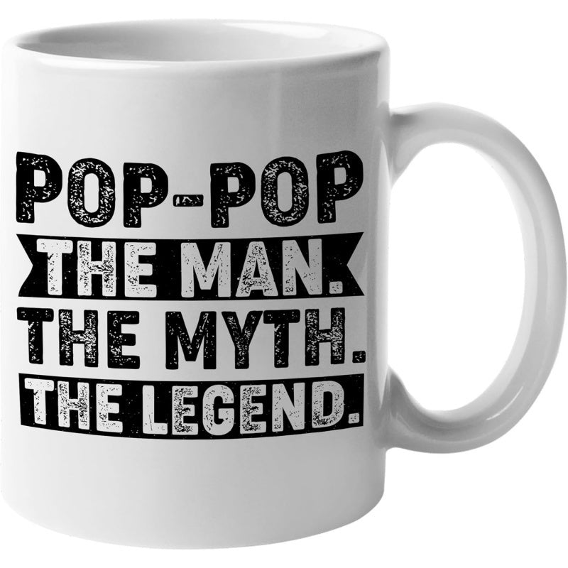 Tailorly White Ceramic 11 oz Mug - Pop Pop The Man The Myth The Legend Distressed Black Text Featuring Decorative Ribbon Banner Elements Mug