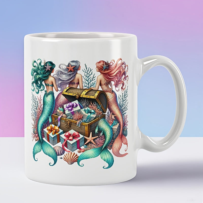Tailorly White Ceramic 11 oz Mug - Elegant Trio Gathering Near Open Treasure Chest And Ocean Gifts Mermaid