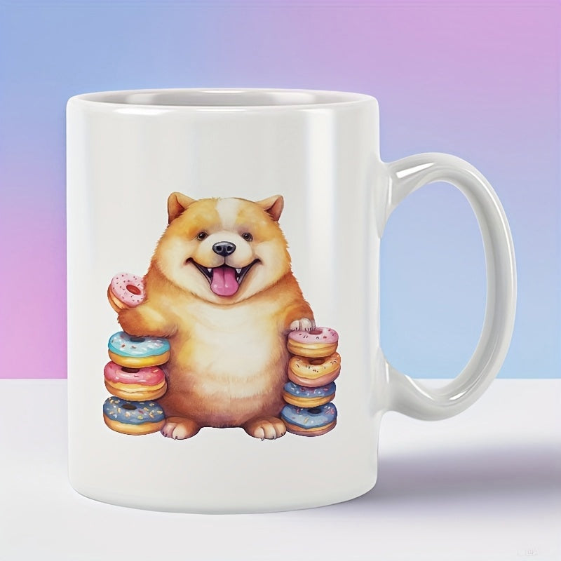Tailorly White Ceramic 11 oz Mug - Happy Chubby Brown Puppy Smiling Among Colorful Stacks Of Glazed Donuts Dog