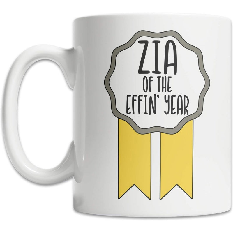 Tailorly White Ceramic 11 oz Mug - Zia Of The Effin Year Minimalist Grey Wavy Badge Design Featuring Two Bright Yellow Hanging Ribbons Award