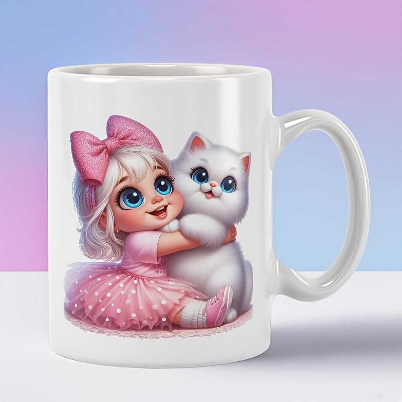 Tailorly White Ceramic 11 oz Mug - Adorable Tiny Girl Wearing Pink Bow Hugging A Fluffy White Kitten Girl