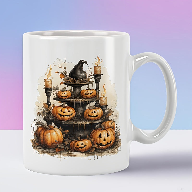 Tailorly White Ceramic 11 oz Mug - Vintage Spooky Halloween Stand With Flickering Candles And Carved Pumpkin