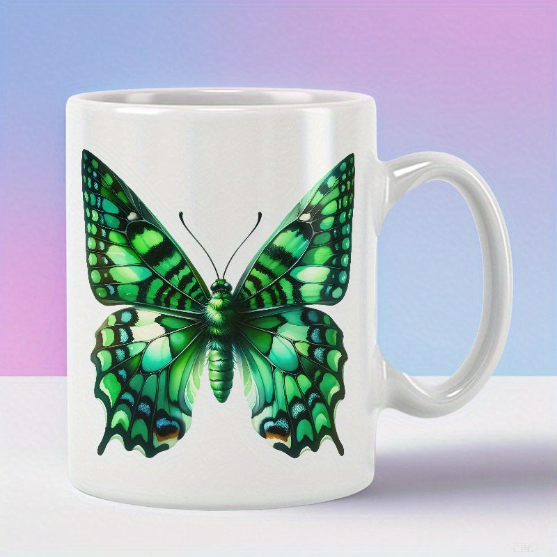 Tailorly White Ceramic 11 oz Mug - Vibrant Green Wings With Intricate Symmetrical Patterns Spreading Across The Surface Butterfly
