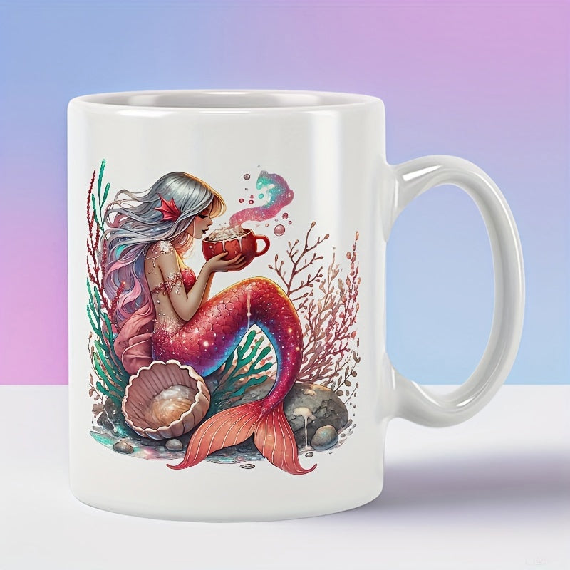 Tailorly White Ceramic 11 oz Mug - Beautiful Illustrative Underwater Scene With Colorful Corals And Steaming Coffee Mug Mermaid