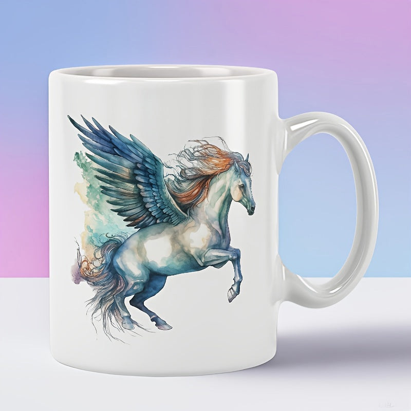 Tailorly White Ceramic 11 oz Mug - Majestic Winged Horse With Blue Feathers Rearing In Artistic Watercolor Style Pegasus