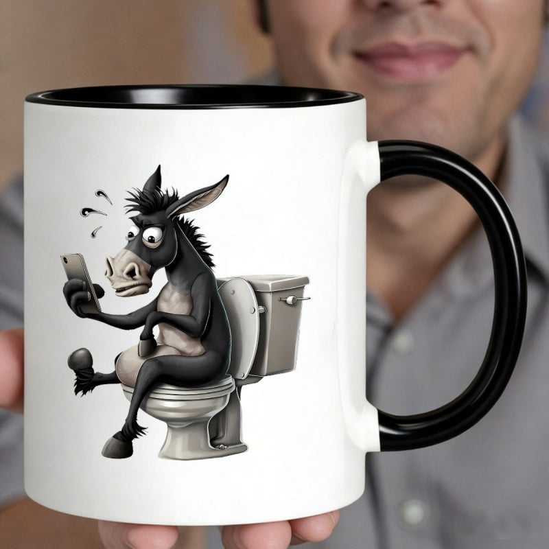 Tailorly Black Accent 11 oz Mug - cartoon donkey on toilet with phone