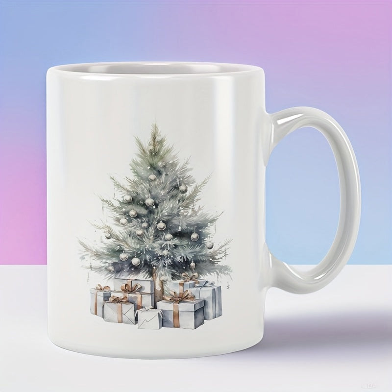 Tailorly White Ceramic 11 oz Mug - Elegant Watercolor Style Snowy Winter Evergreen Decorated With Ornaments And Gifts Tree
