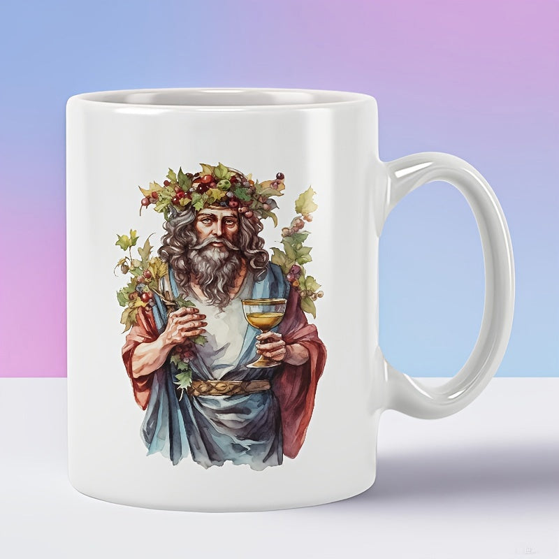 Tailorly White Ceramic 11 oz Mug - Mythological Figure Wearing Vine Wreath Holding Golden Wine Goblet Dionysus