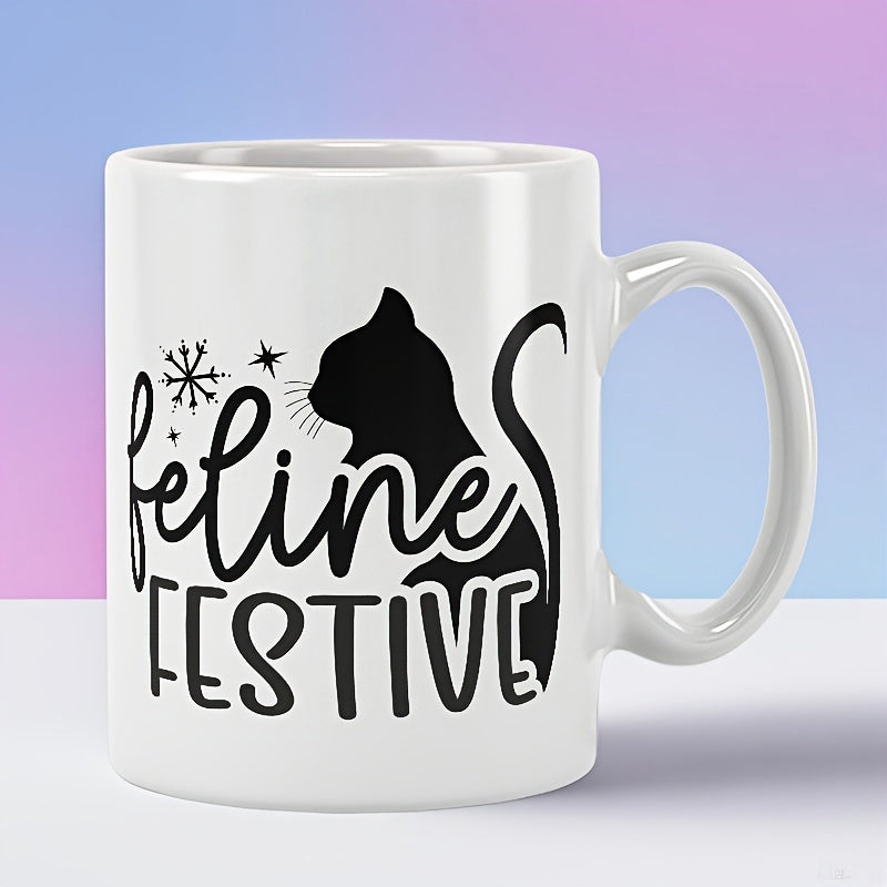 Tailorly White Ceramic 11 oz Mug - Feline Festive Elegant Black Silhouette Of A Sitting Pet With Stars Cat